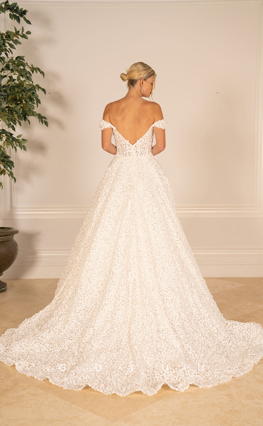 GW793 - Classic & Timeless A-Line Off Shoulder Fully Floral Appliqued and Draped Wedding Dress with Sweep Train