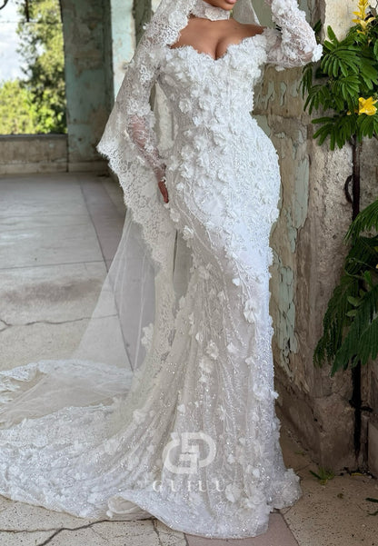 Gorgeous Long Sleeves Sweetheart Floral Appliques Satin Wedding Dress