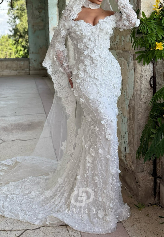 Gorgeous Long Sleeves Sweetheart Floral Appliques Satin Wedding Dress