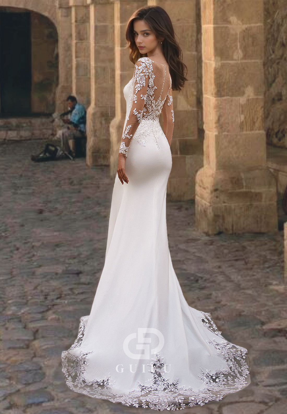 Gorgeous Scoop Beaded Lace Appliques Sheath Wedding Dress with Sweep Train