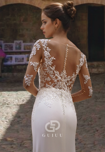 Gorgeous Scoop Beaded Lace Appliques Sheath Wedding Dress with Sweep Train