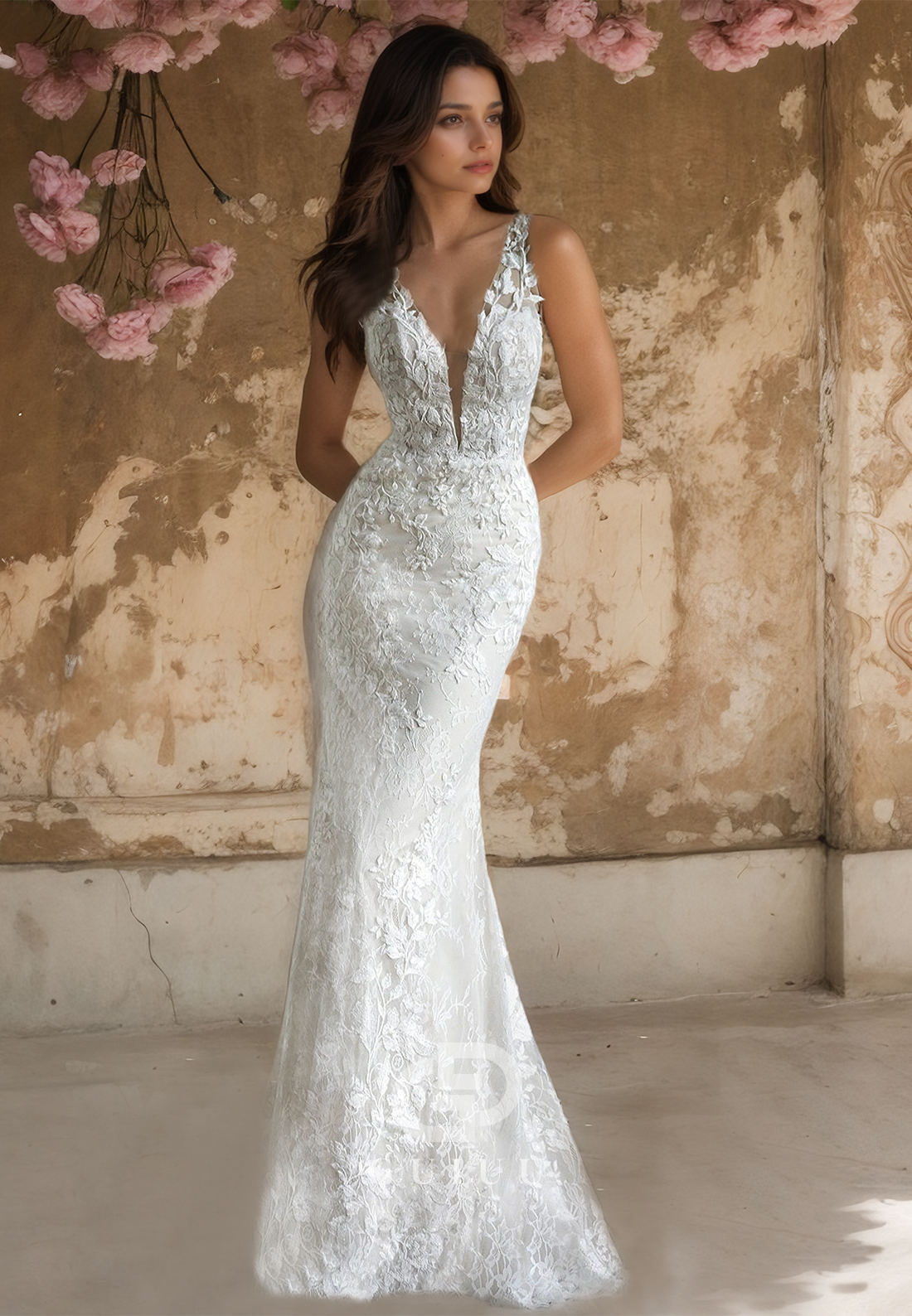 Gorgeous & Charming Plunging  V-Neck Lace Wedding Dress Fitted with Fully Lace Appliques