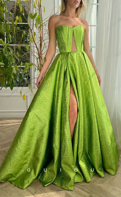 G3185 - Chic & Modern A-Line Strapless Green Long Formal Prom Dresses With Slit