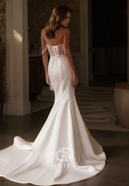 Strapless Luxury Beads Designer Mermaid Wedding Dress with Train