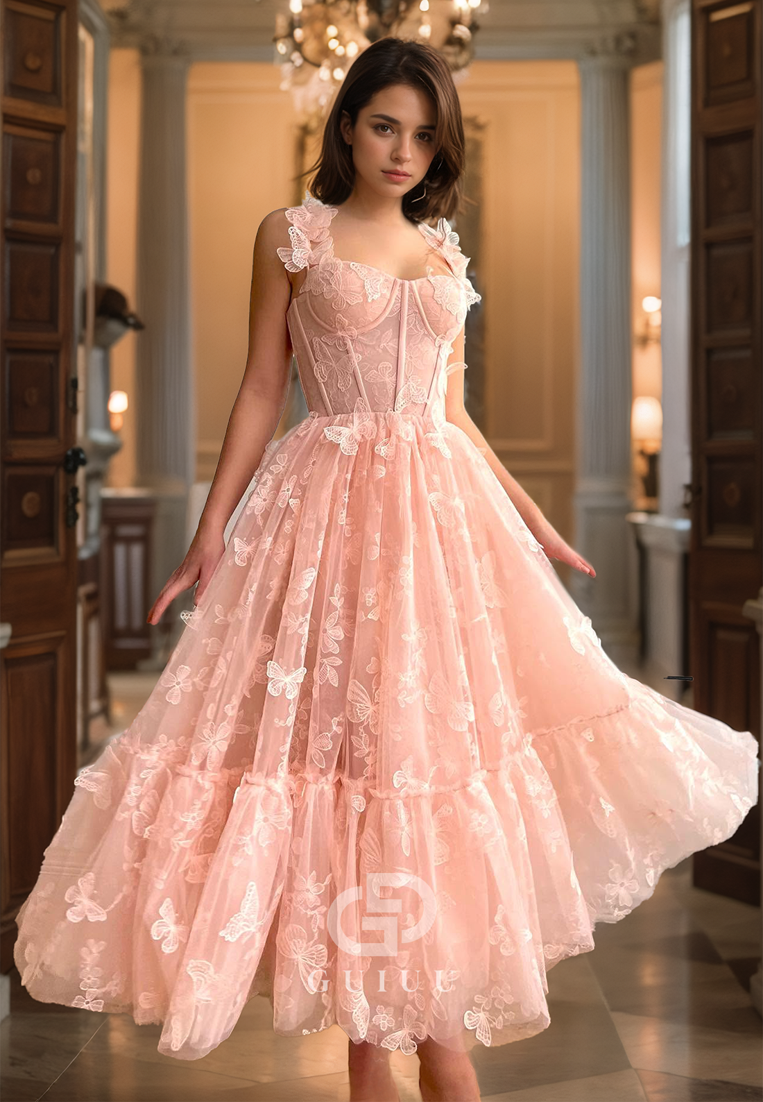 A Line Cute Butterfly Lace Pink Prom Party Dress Tea Length