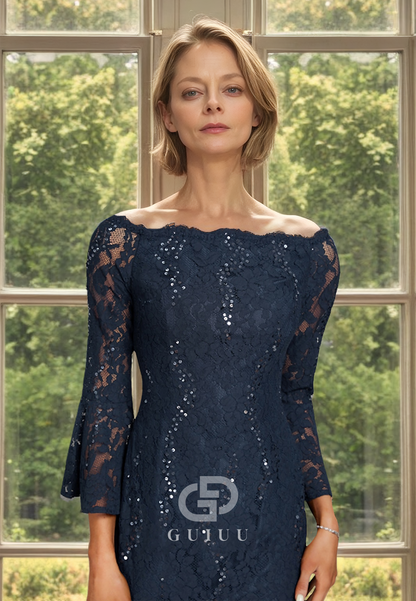 Sheath Bateau 3/4 Sleeves Lace Short Mother of the Bride Dress