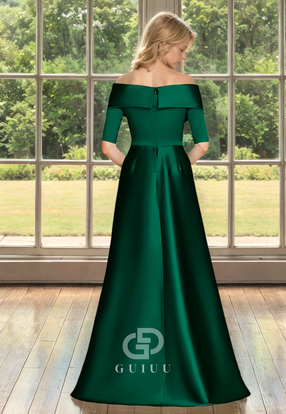 A Line Off Shoulder Half Sleeves Green Satin Mother of the Bride Dress