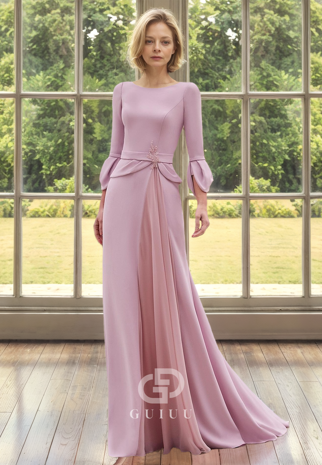 Sheath Bateau 3/4 Sleeves Long Mother of the Bride Dress