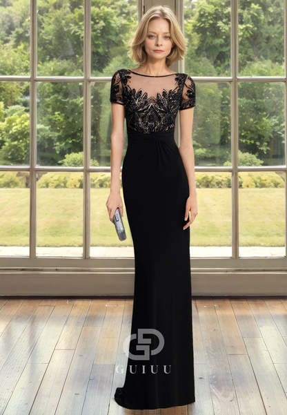 Sheath Illusion Bateau Beads Short Sleeves Black Mother of the Bride Dress