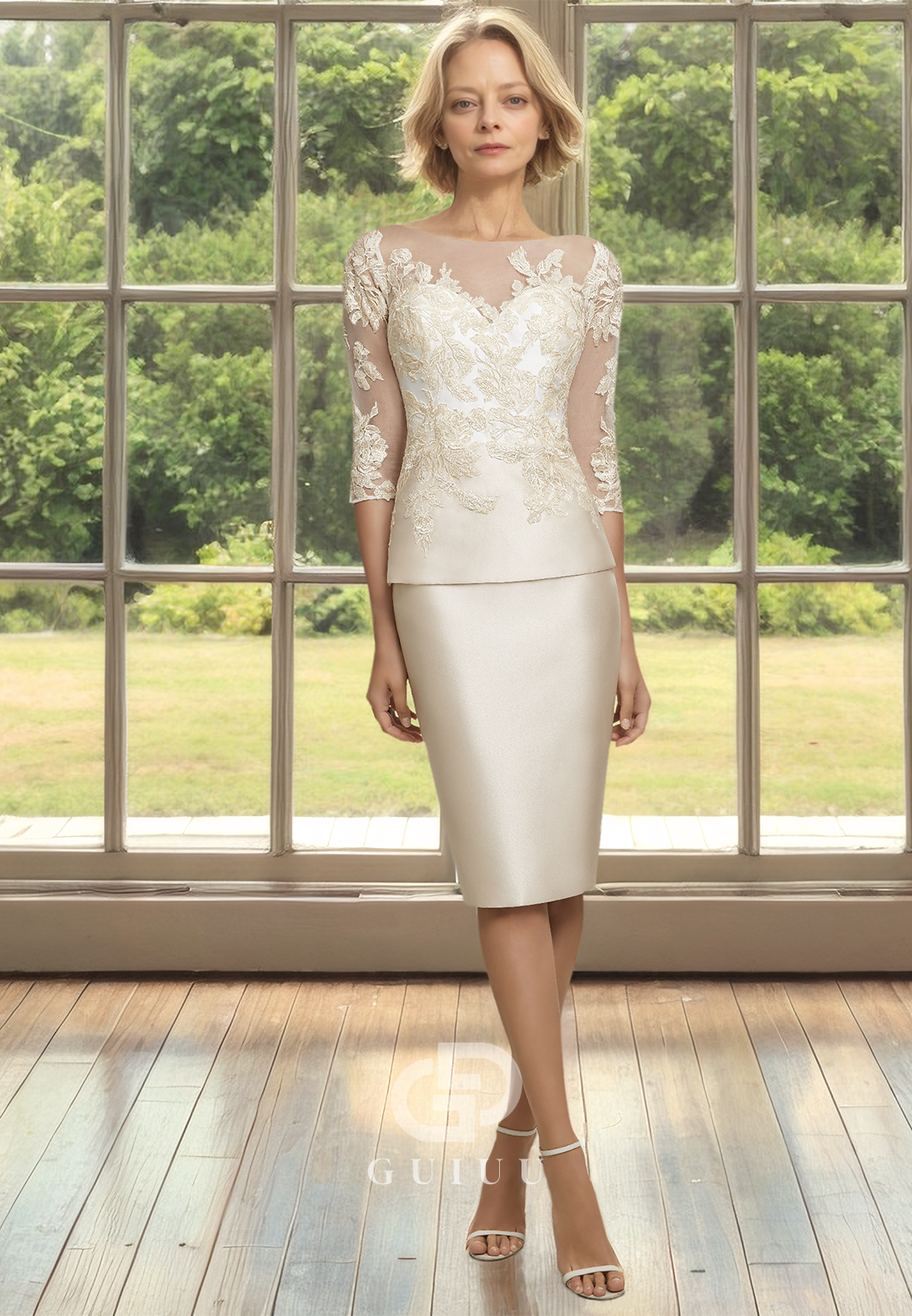 Sheath Bateau 3/4 Sleeves Appliques Short Mother of the Bride Dress