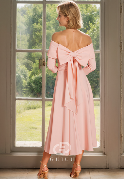 A Line Off Shoulder 3/4 Sleeves Elegant Mother of the Bride Dress