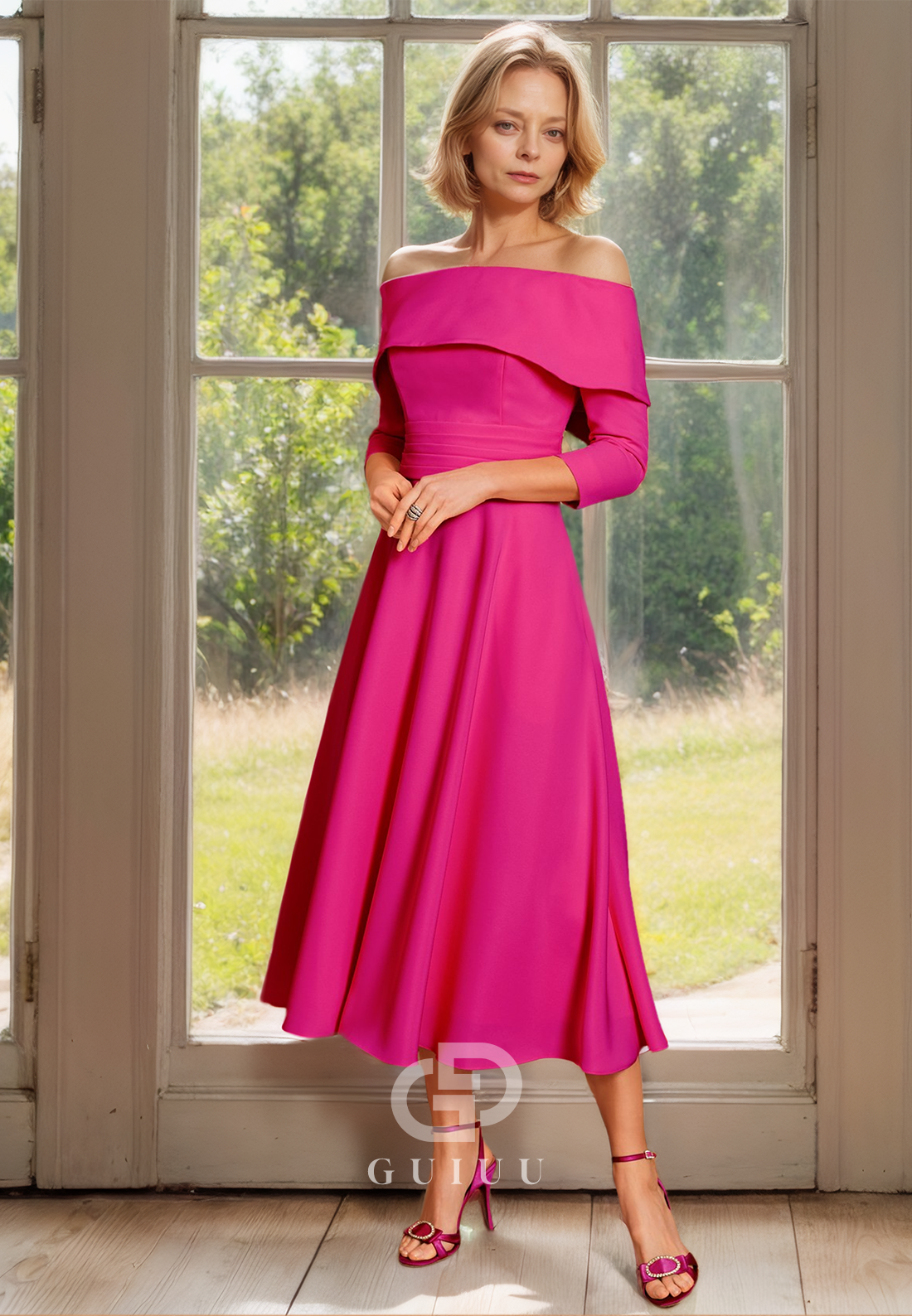 A Line Off Shoulder 3/4 Sleeves Elegant Mother of the Bride Dress