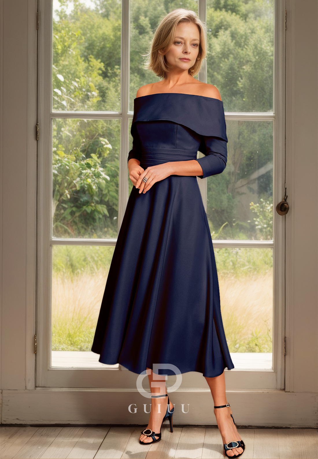 A Line Off Shoulder 3/4 Sleeves Elegant Mother of the Bride Dress