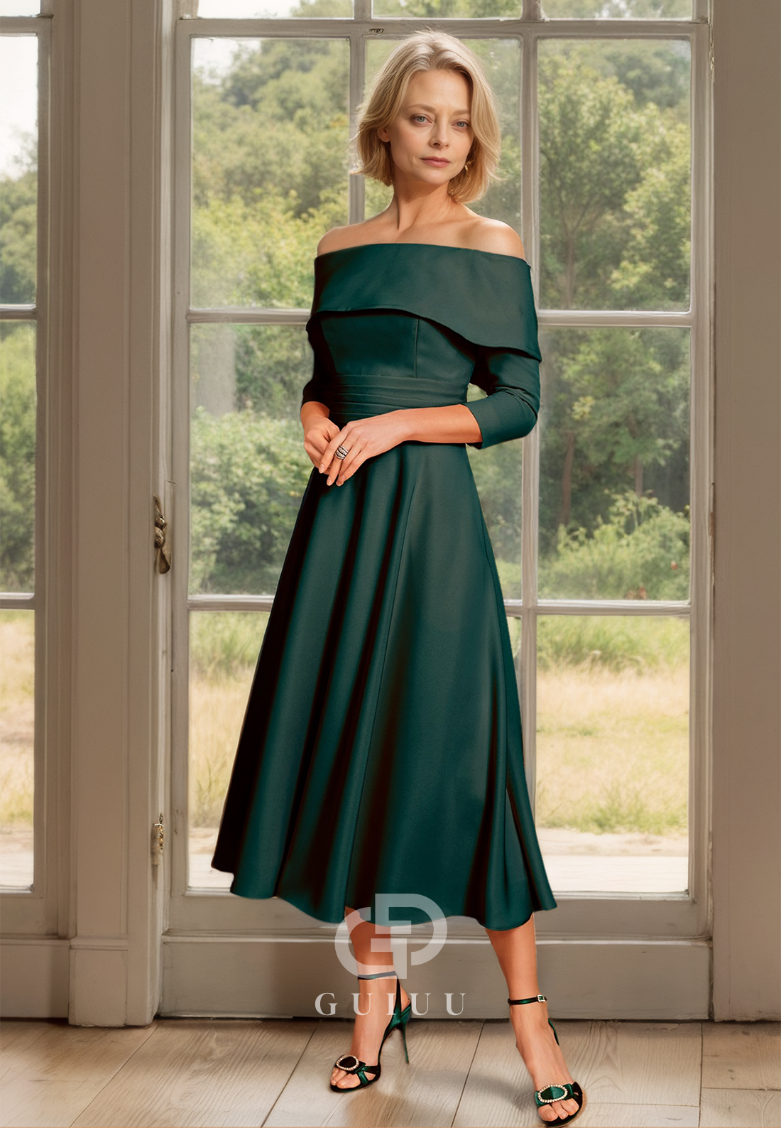 A Line Off Shoulder 3/4 Sleeves Elegant Mother of the Bride Dress