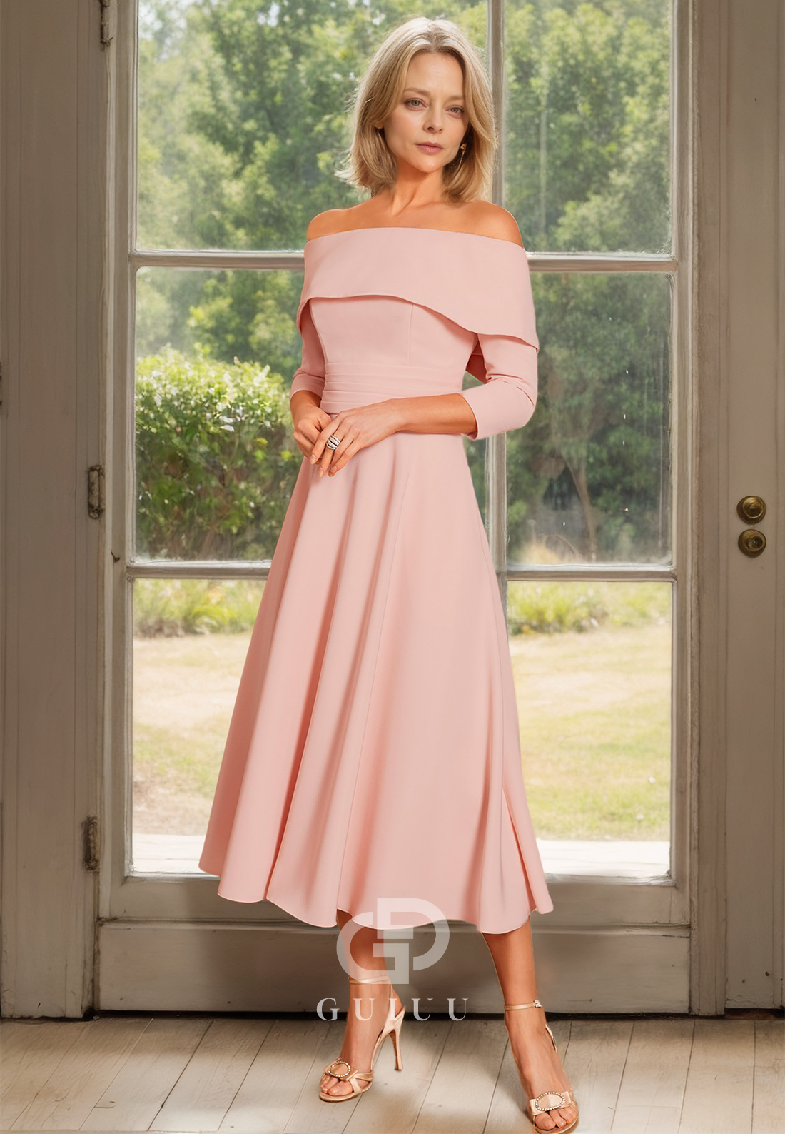 A Line Off Shoulder 3/4 Sleeves Elegant Mother of the Bride Dress