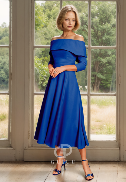 A Line Off Shoulder 3/4 Sleeves Elegant Mother of the Bride Dress