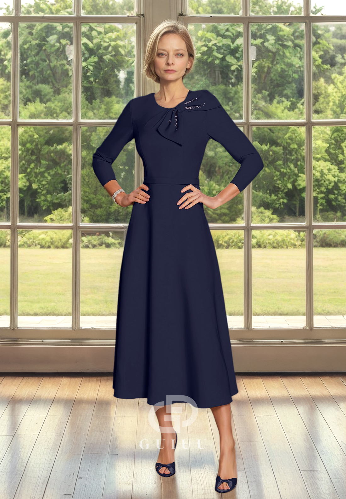 A Line O Neck 3/4 Sleeves Elegant Long Mother of the Bride Dress