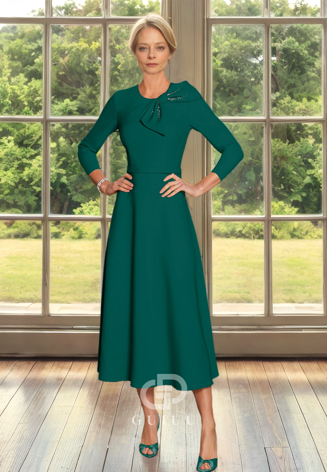 A Line O Neck 3/4 Sleeves Elegant Long Mother of the Bride Dress