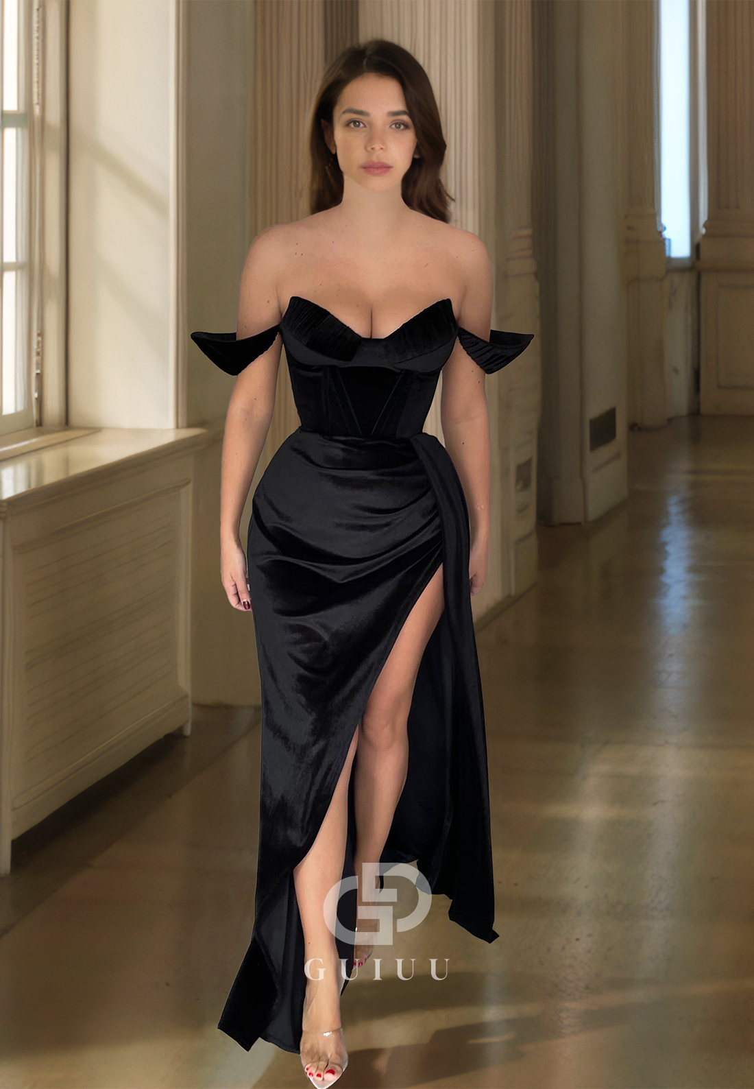 Off Shoulder Ruched High Split Black Mermaid Prom Formal Dress