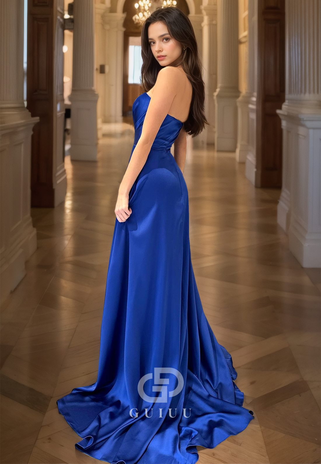 Royal Blue A-Line Sweetheart Sleeveless Prom Dress with Slit Ruched Evening Party Dress