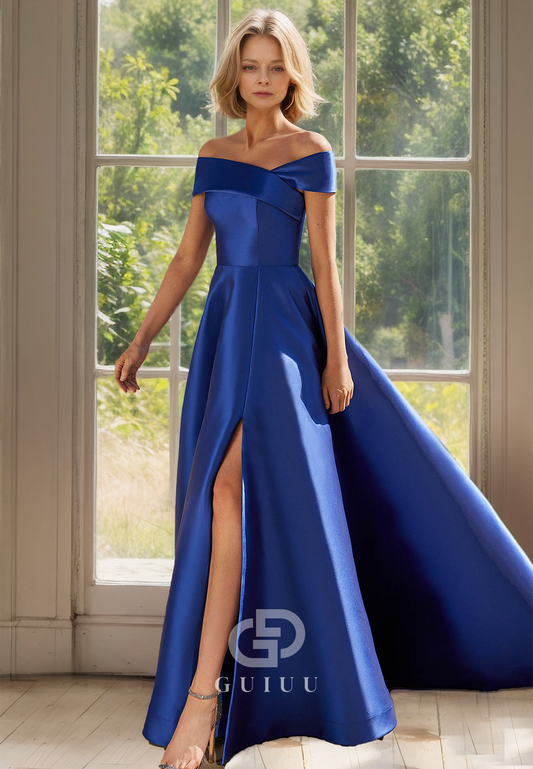 Elegant A-Line Off-Shoulder Empire-Waist Slit Mother of the Bride Dress