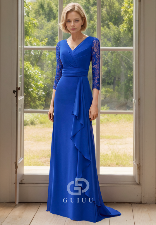 A-Line V-Neck 3/4 Sleeves Empire-Waist Floor-Length Mother of the Bride Dress