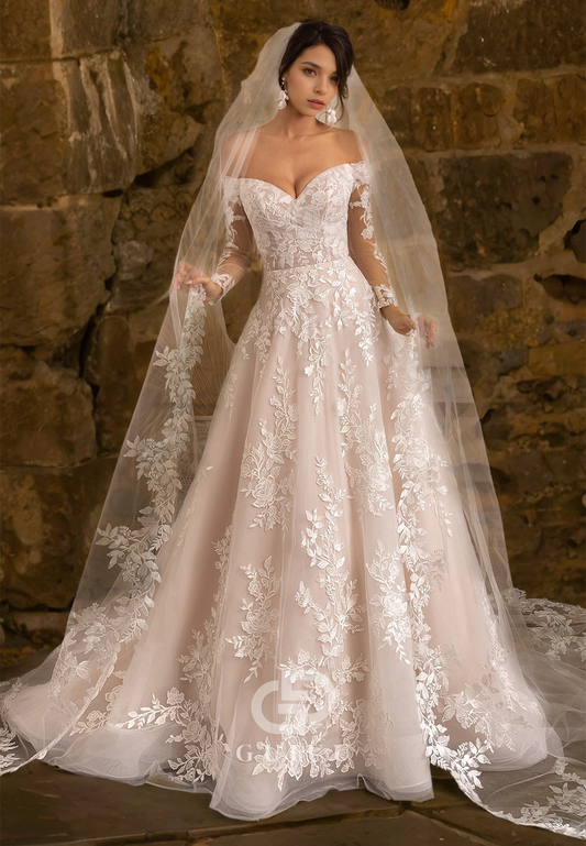 GW634 - Elegant & Luxurious A-line Off Shoulder Allover Floral Appliques Long Sleeves Wedding Dress with Sweep Train