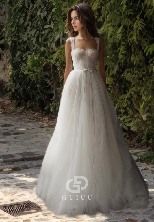 A-Line Spaghetti Straps Sweetheart Empire-Waist Lace Wedding Dress