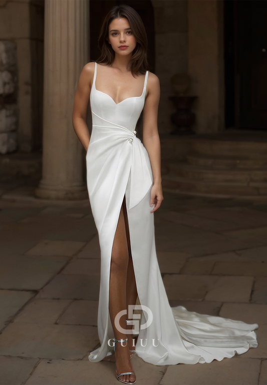 A-Line Spaghetti Straps Sweetheart Ruched Backless Sweep Train Satin Wedding Dress