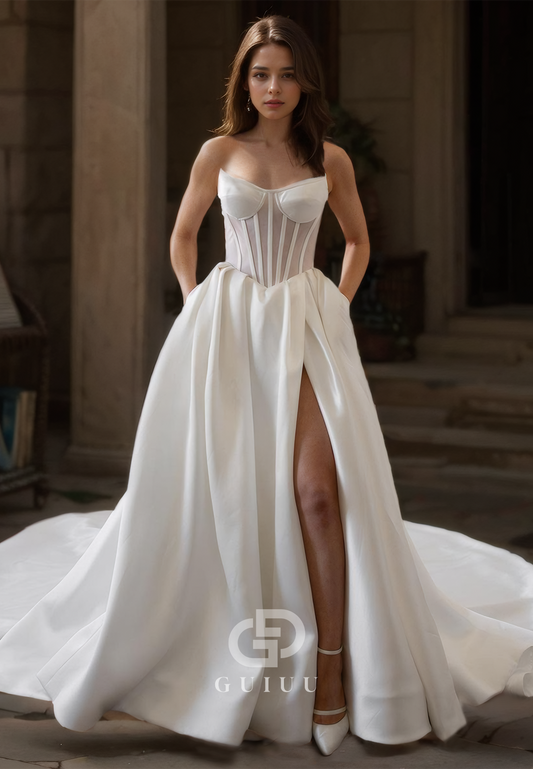 A-Line Strapless Sleeveless Corset Tulle Court Train Satin Wedding Dress