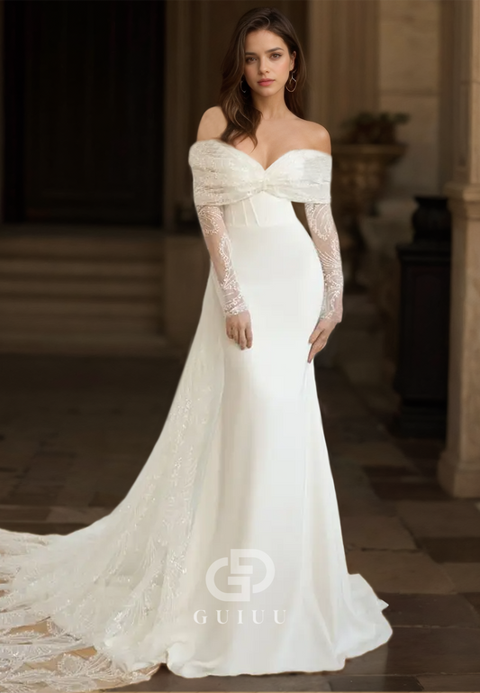 Elegant Sheath Off-Shoulder Corset Floor-Length Satin Wedding Dress