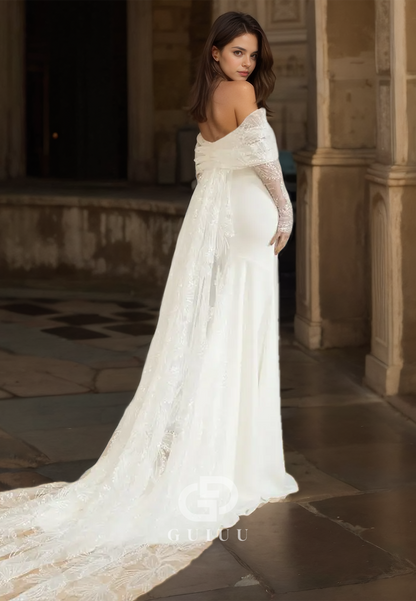 Elegant Sheath Off-Shoulder Corset Floor-Length Satin Wedding Dress