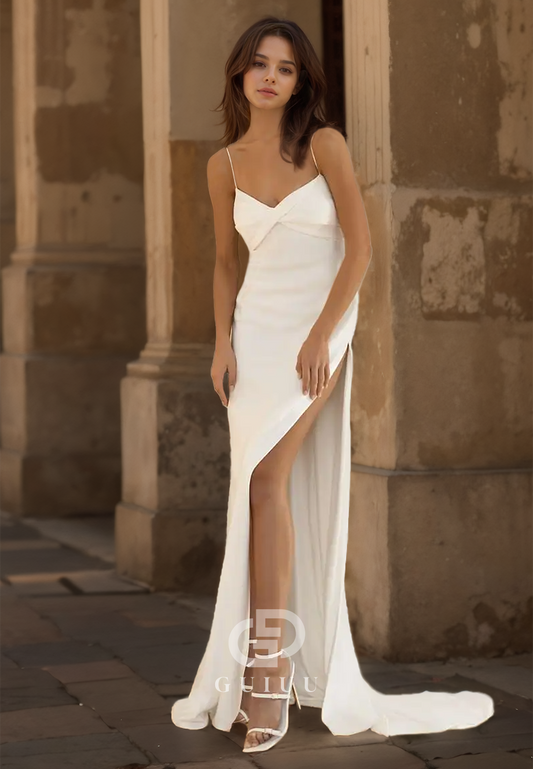 Spaghetti Straps Sweetheart Side Slit Floor-Length Satin Wedding Dress