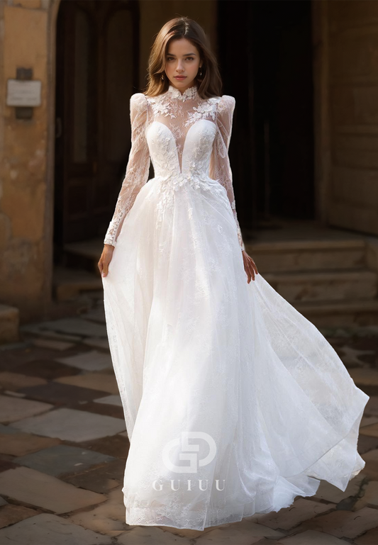 Elegant Long Sleeves High Neck Empire-Waist Appliques Lace Wedding Dress