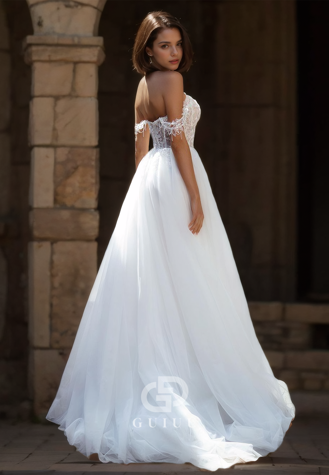 A-Line Off-Shoulder Corset Tulle Empire-Waist Side Slit Lace Wedding Dress