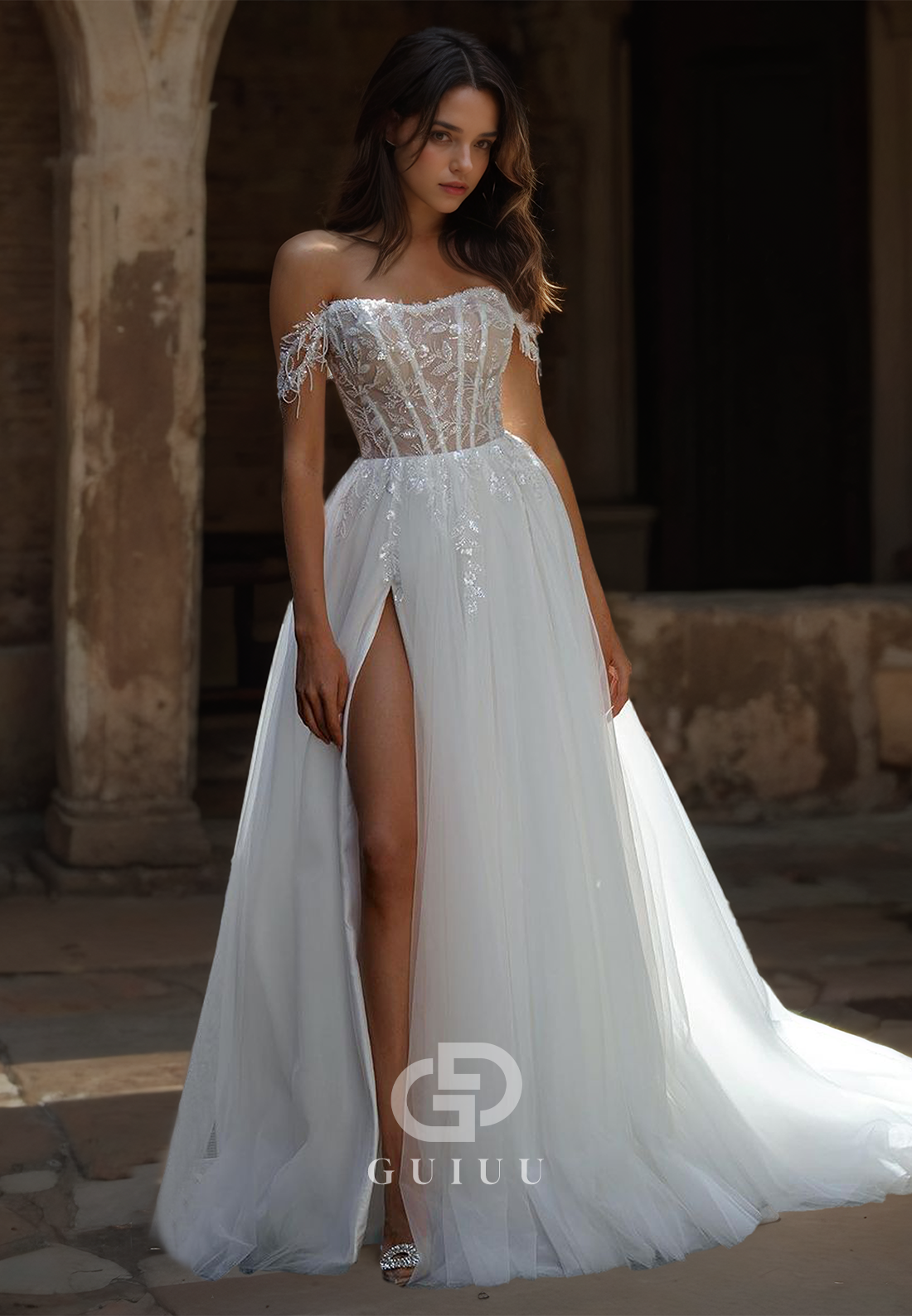 A-Line Off-Shoulder Corset Tulle Empire-Waist Side Slit Lace Wedding Dress