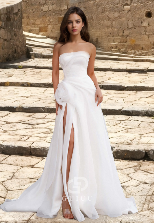 Simple A-Line Strapless Sleeveless Side Slit Ruched Lace Wedding Dress