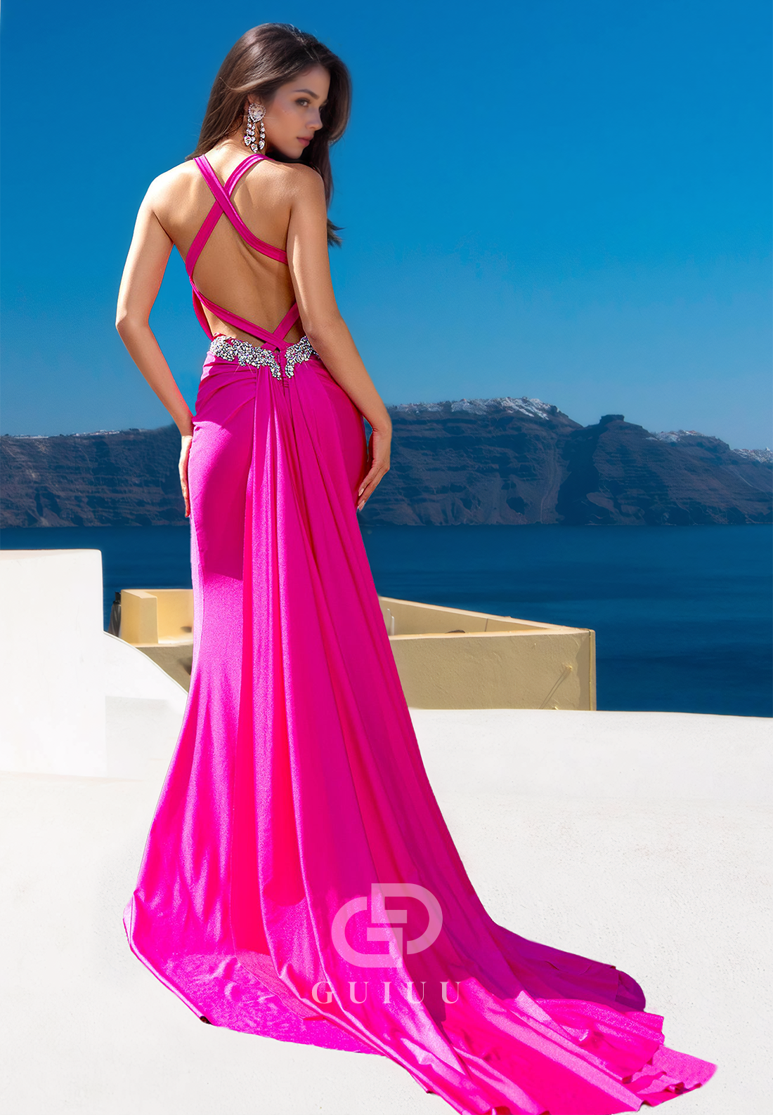 Fuchsia Spaghetti Straps Sweetheart Prom Dress with Beads Lace-Up Back Evening Party Dress