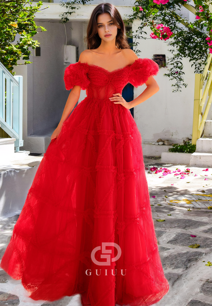 Red A-Line Off-Shoulder Short Sleeves Corset Tulle Empire-Waist Prom Party Dress