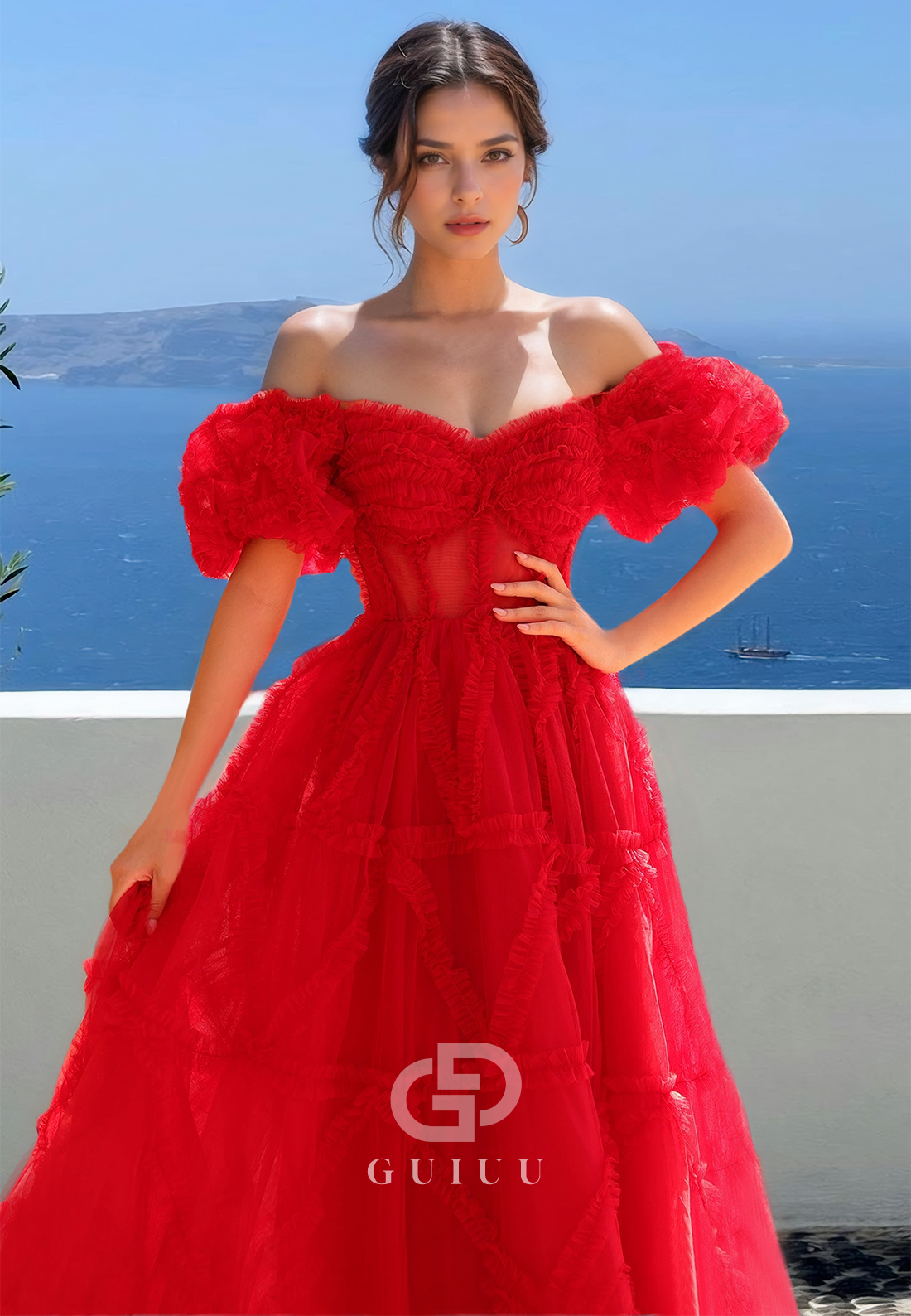 Red A-Line Off-Shoulder Short Sleeves Corset Tulle Empire-Waist Prom Party Dress