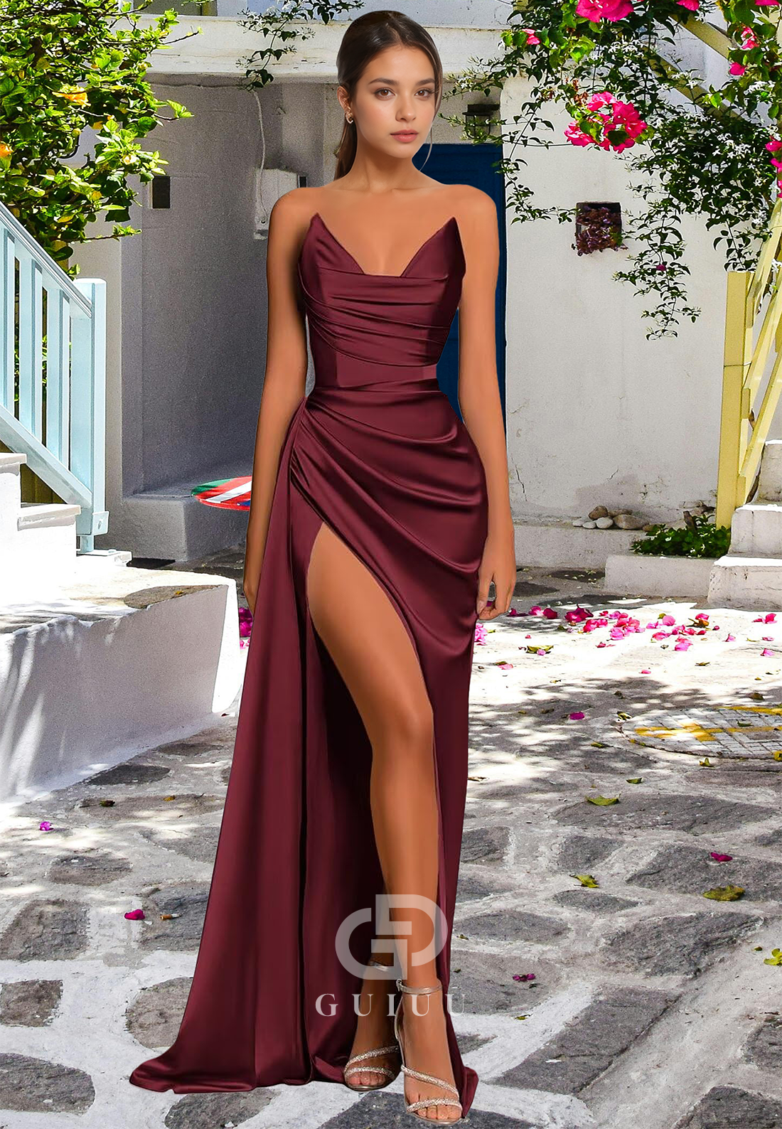 Sheath Strapless Sleeveless Prom Dress with Slit Ruched Evening Party Dress