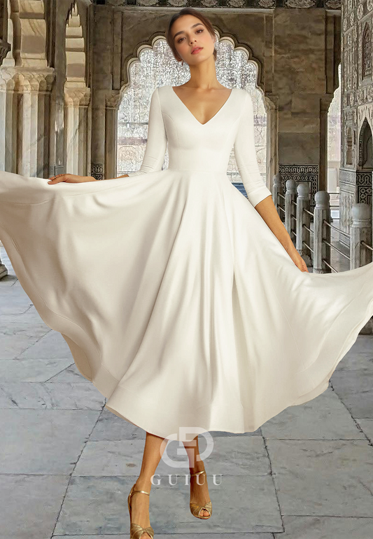 Charming A-Line 3/4 Sleeves V-Neck Ankle-Length Ruched Satin Wedding Dress