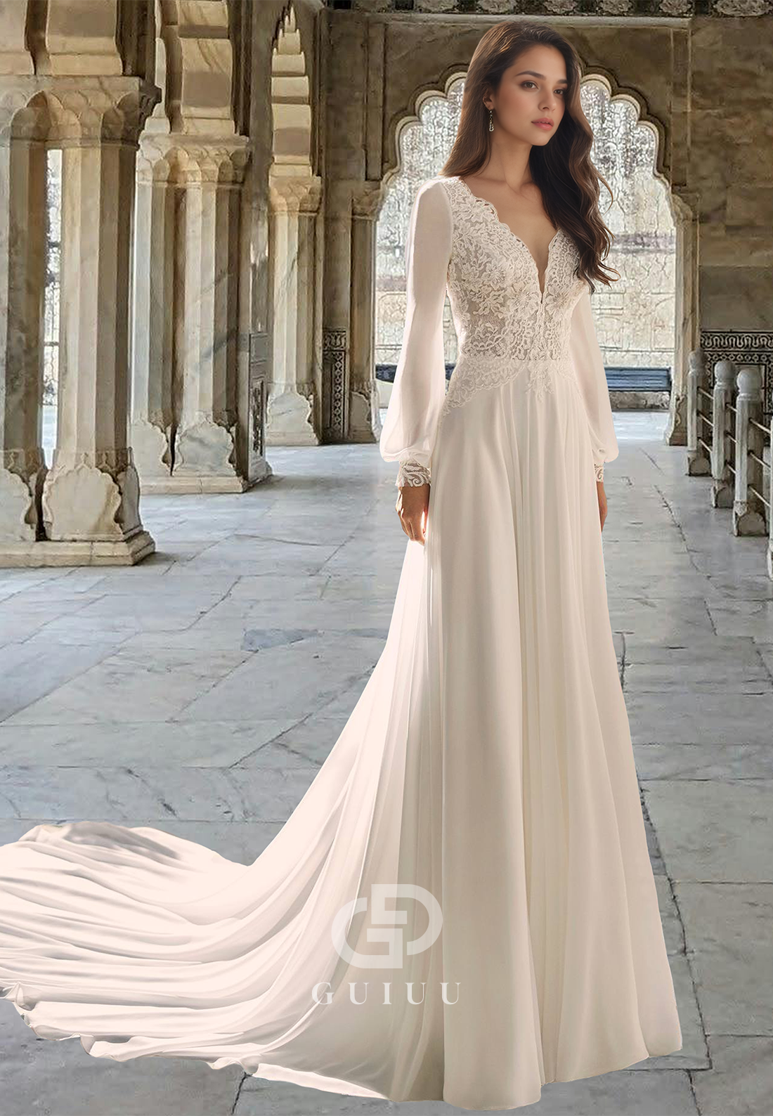 Elegant Long Sleeves V-Neck Lace Corset Sweep Train Backless Boho Wedding Dress