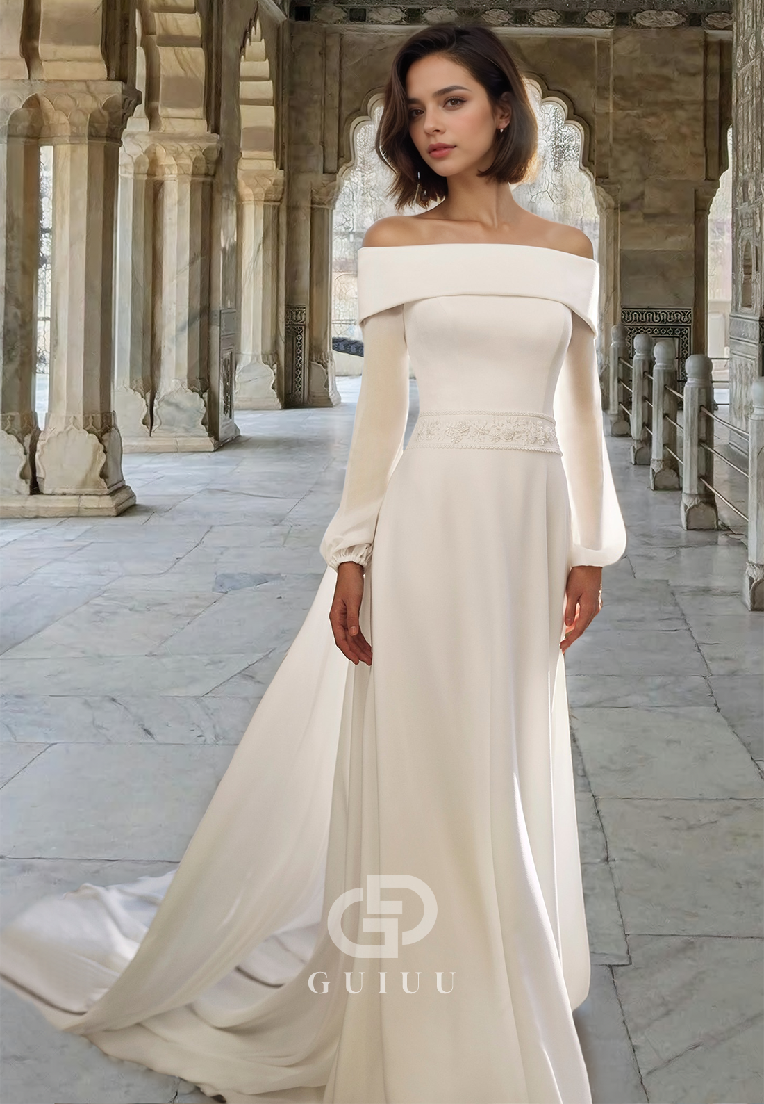 Simple Long Sleeves Off-Shoulder Empire-Waist Court Train Satin Wedding Dress