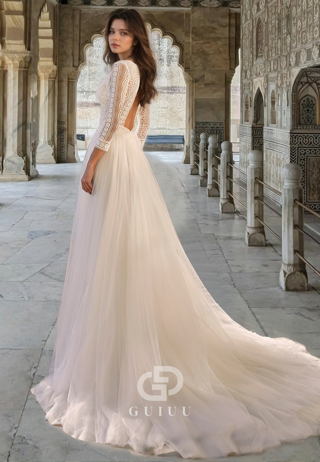 Elegant Long Sleeves V-Neck Backless Sweep Train Empire-Waist Boho Wedding Dress