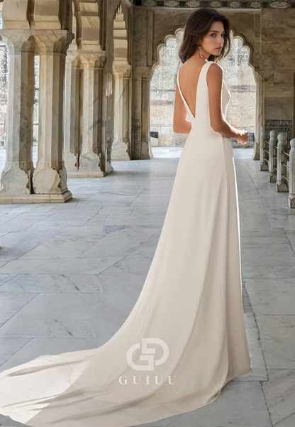 Simple Spaghetti Straps V-Neck Empire-Waist Ruched Slit Satin Wedding Dress