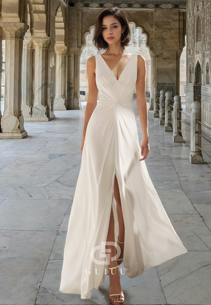 Simple Spaghetti Straps V-Neck Empire-Waist Ruched Slit Satin Wedding Dress