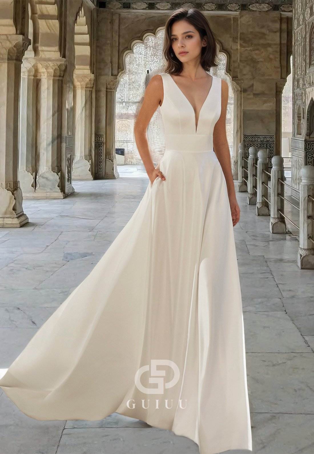 Elegant Spaghetti Straps V-Neck Empire-Waist Corset Satin Wedding Dress