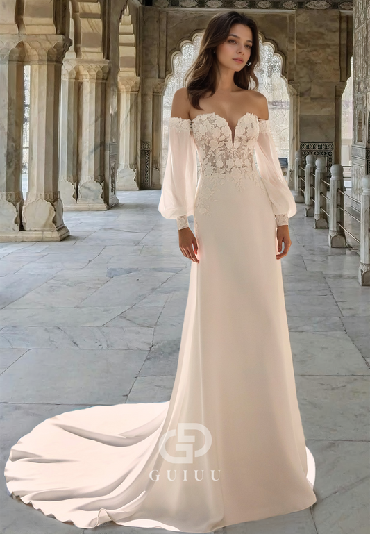 Classic Long Sleeves Off-Shoulder Corset Tulle Sweep Train Satin Wedding Dress