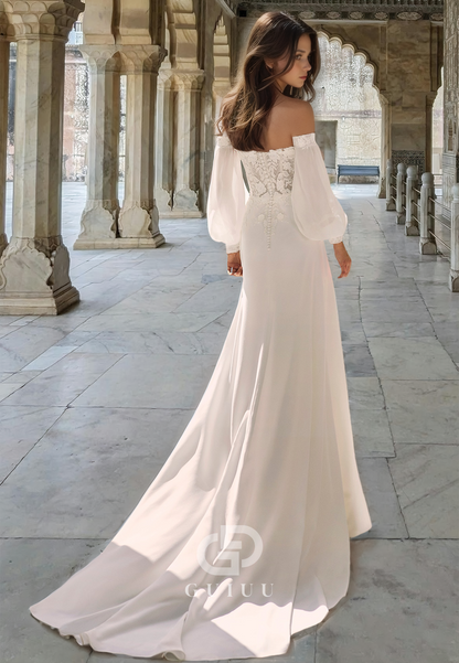 Classic Long Sleeves Off-Shoulder Corset Tulle Sweep Train Satin Wedding Dress